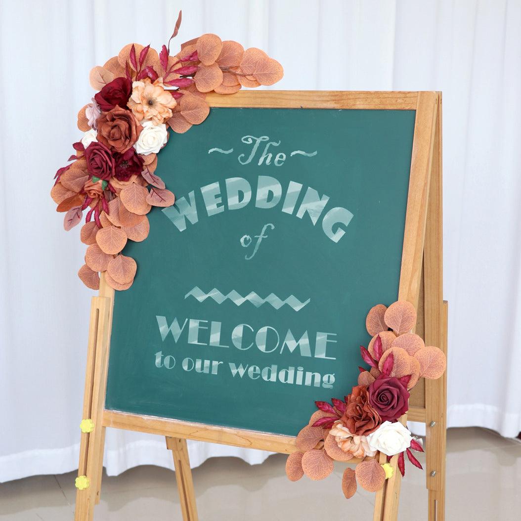 Simulated Autumn Rose Eucalyptus Leaf Silk Flower Wedding Welcome Sign Flower Art Guide Sign Prop